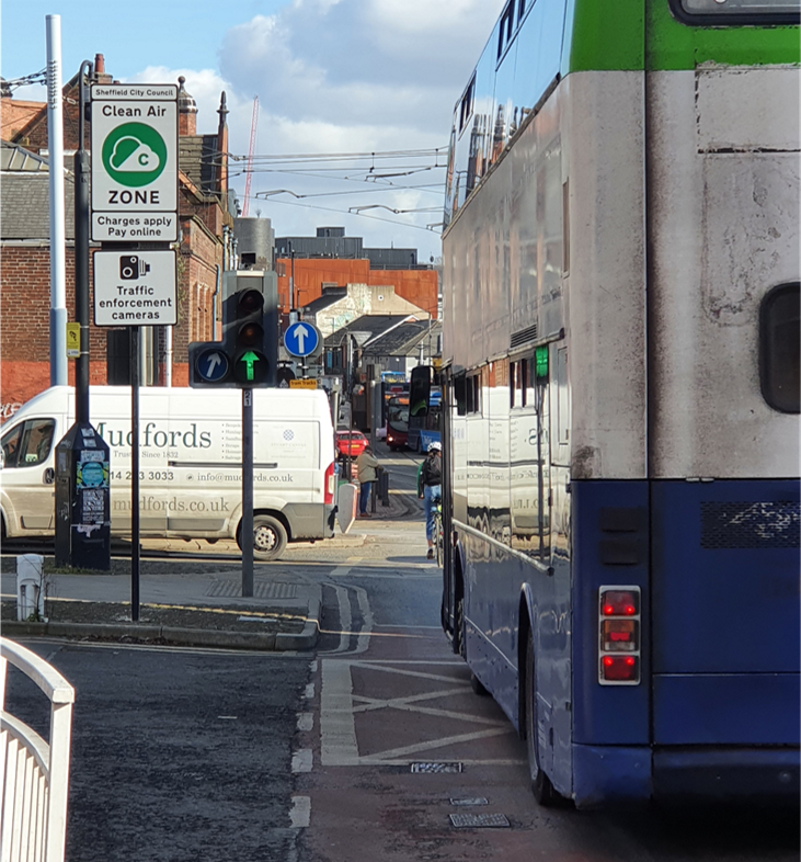 A photograph of a clean air zone sign on a street corner, with a bus and van in shot