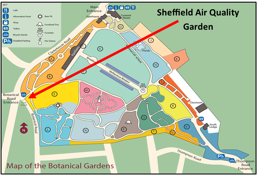 A map with an arrow indicating the location of Sheffield Air Quality Garden within the botanical gardens