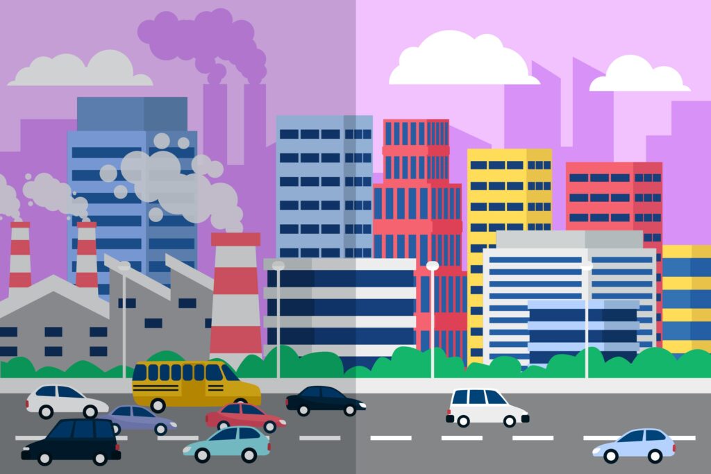 A cartoon cityscape divided into two halves- the right is polluted, the left is clean
